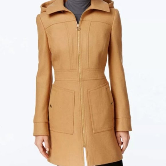 MICHAEL Michael Kors Jackets & Blazers - Michael Michael Kors Wool Zip Front Walker Coat Removeable Hood Camel Size XS